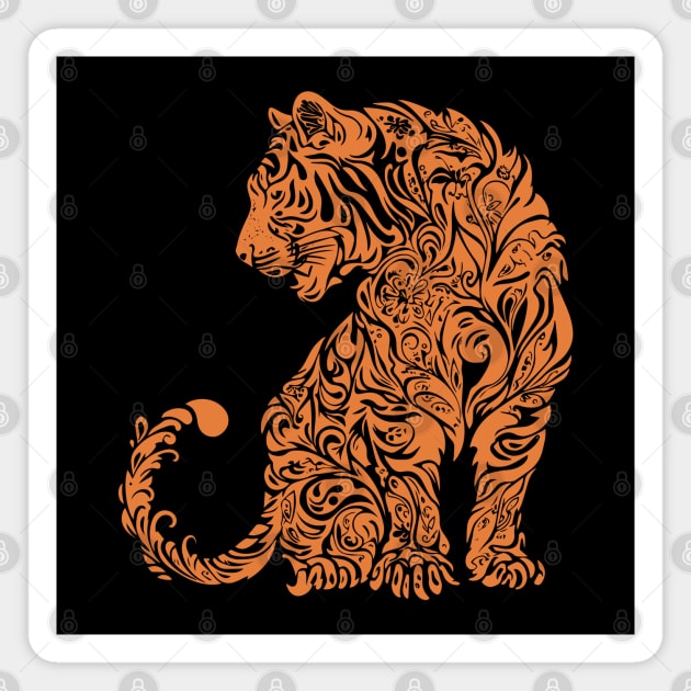 Floral Tiger Illustration – Fierce & Elegant Big Cat Art Magnet by TuncGK